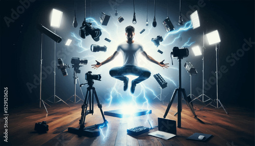 Photo levitating in the center of a video studio, surrounded by floating studio equipment like camera, Led light, laptop and camera.