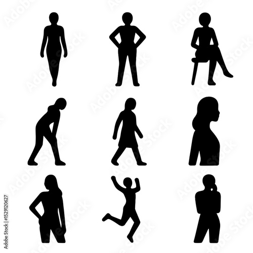Model Poses Icon Set. Solid, Filled icon set of model poses: runway walk, hands on hips, seated pose, leaning pose, walking