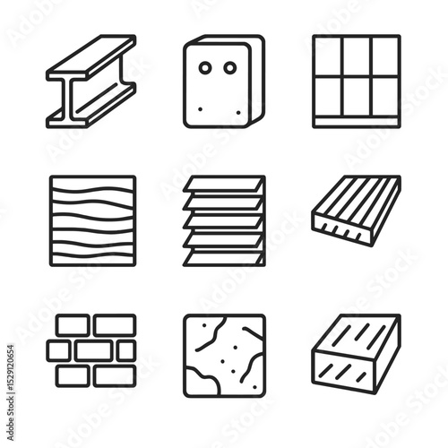 Modern Building Icons Grid. Outline icon set of contemporary building materials: steel beam, concrete panel, glass curtain wall,
