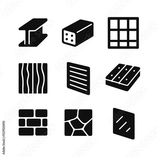 Modern Building Materials Icons. Solid, Filled icon set of contemporary building materials: steel beam, concrete panel, glass