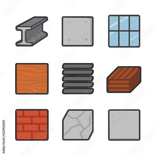 Modern Building Material Icons. Flat icon set of contemporary building materials: steel beam, concrete panel, glass curtain wall,