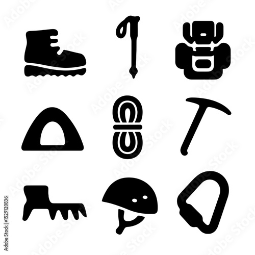Mountain Sports Icons. Solid, Filled icon set of mountain sports: hiking boot, trekking pole, backpack, bivouac tent, climbing