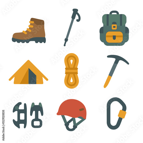 Mountain Sports Icons. Flat icon set of mountain sports: hiking boot, trekking pole, backpack, bivouac tent, climbing rope, ice ax