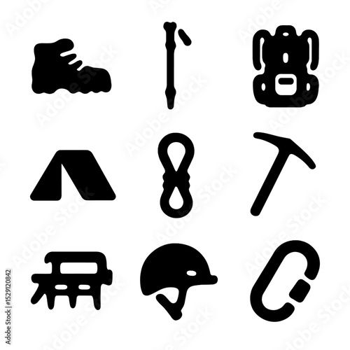 Mountain Sports Icons. Solid, Filled icon set of mountain sports: hiking boot, trekking pole, backpack, bivouac tent, climbing