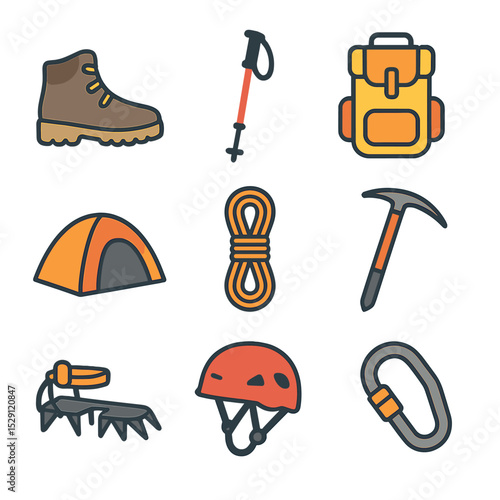 Mountain Sports Icons. Flat icon set of mountain sports: hiking boot, trekking pole, backpack, bivouac tent, climbing rope, ice ax