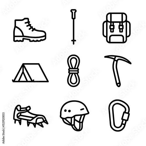 Mountain Sports Icons. Outline icon set of mountain sports: hiking boot, trekking pole, backpack, bivouac tent, climbing rope, ice