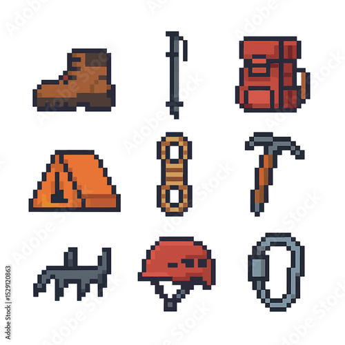 Mountain Sports Icons. Pixel art icon set of mountain sports: hiking boot, trekking pole, backpack, bivouac tent, climbing rope,