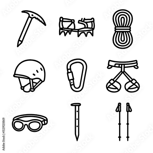 Mountaineering Gear Icons. Outline icon set of mountaineering gear: ice axe, crampons, rope, helmet, carabiner, harness, glacier