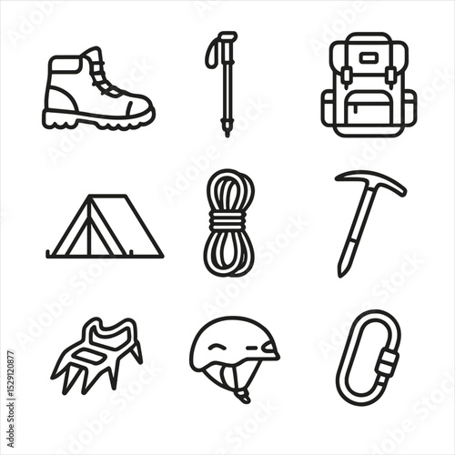 Mountain Sports Icons. Outline icon set of mountain sports: hiking boot, trekking pole, backpack, bivouac tent, climbing rope, ice