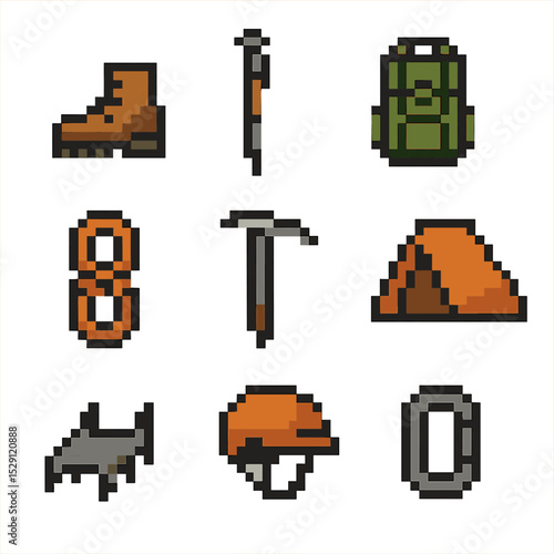 Mountain Sports Icons. Pixel art icon set of mountain sports: hiking boot, trekking pole, backpack, bivouac tent, climbing rope,