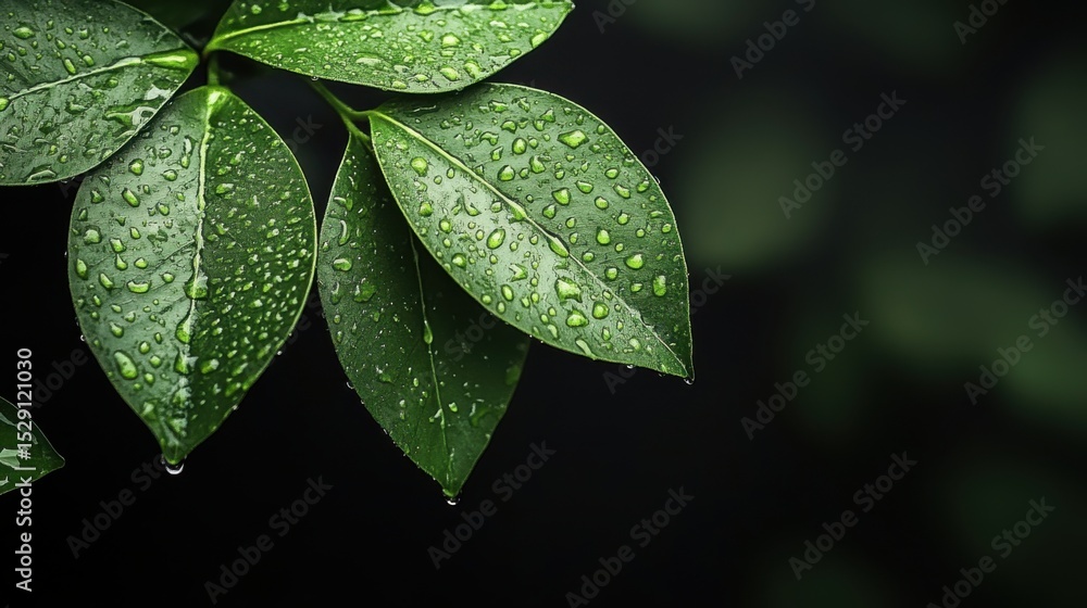 Fototapeta premium Fresh Green Leaves with Water Drops on Dark Background for Nature Themes