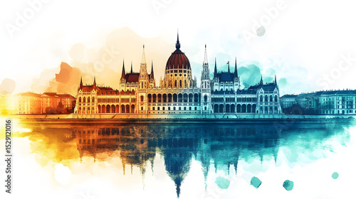 Illustration of Parliament in Budapest skyline in black and simple watercolor on abstract watercolor background. Watercolor painting background.