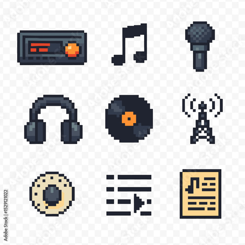 Music Icon Grid. Pixel art icon set of music and sing-alongs: car stereo, musical note, microphone, headphones, vinyl record,