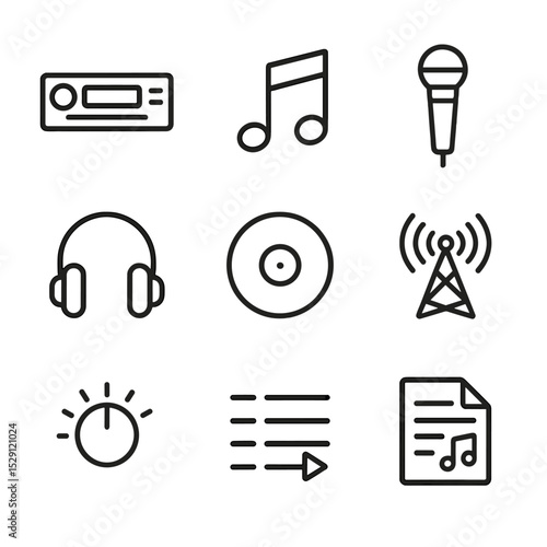 Music Icon Set. Outline icon set of music and sing-alongs: car stereo, musical note, microphone, headphones, vinyl record, radio