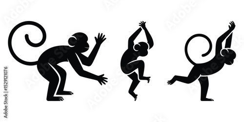 Monkey Silhouette Set – Playful and Jumping Monkey Poses in Black Vector