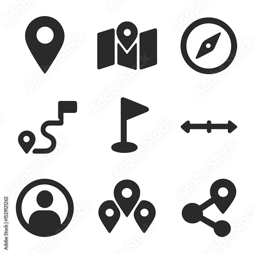 Navigation Tools Icons. Flat icon set of navigation and mapping tools: GPS marker, offline map, compass, route line, waypoint flag