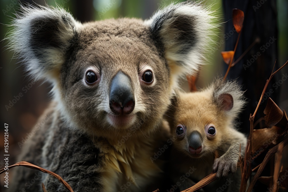 Obraz premium A loving koala mother and her baby are nestled among the leaves of a eucalyptus tree, showcasing a heartwarming bond in their serene natural environment.