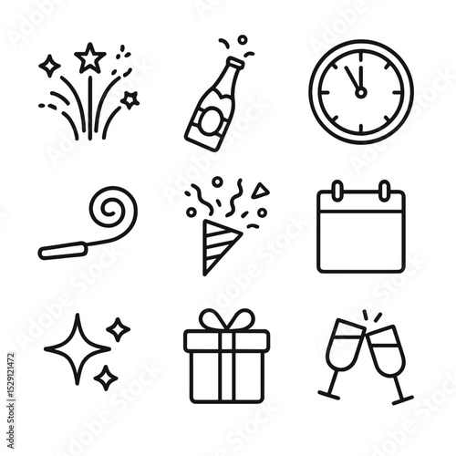 New Year Icon Set. Outline icon set of new year wishes: firework, champagne bottle, clock striking midnight, party horn, confetti,