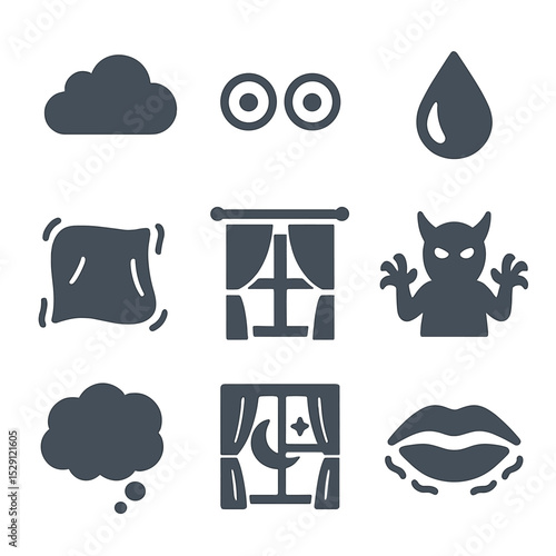 Nightmare Icons Grid. Flat icon set of fear and nightmares: dark cloud, wide eyes, sweat drop, shaking blanket, closed curtains,