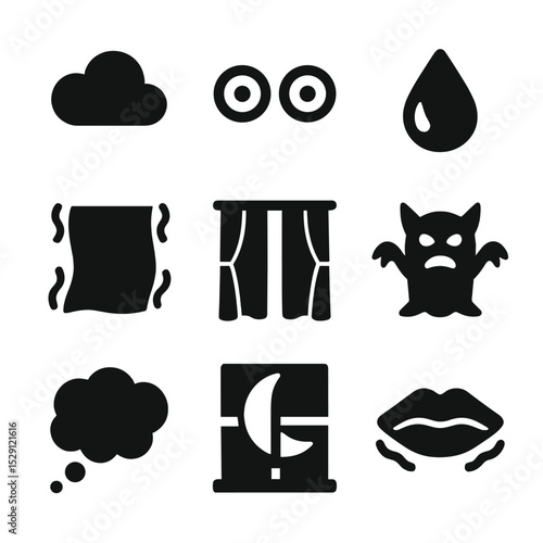 Nightmare Icons Grid. Solid, Filled icon set of fear and nightmares: dark cloud, wide eyes, sweat drop, shaking blanket, closed