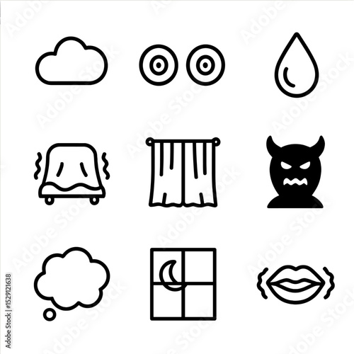 Nightmare Icon Set. Outline icon set of fear and nightmares: dark cloud, wide eyes, sweat drop, shaking blanket, closed curtains,