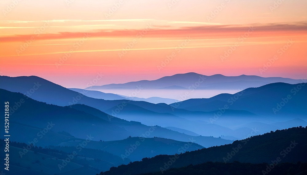 Obraz premium Painted sky with streaks of salmon and sapphire behind layered hills, light fog casting diffused shadows and color wash. 