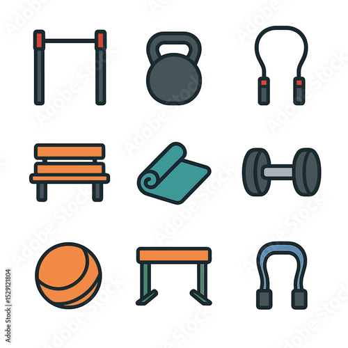 Outdoor Fitness Icons. Flat icon set of outdoor fitness: pull-up bar, kettlebell, skipping rope, park bench, yoga mat, dumbbell,