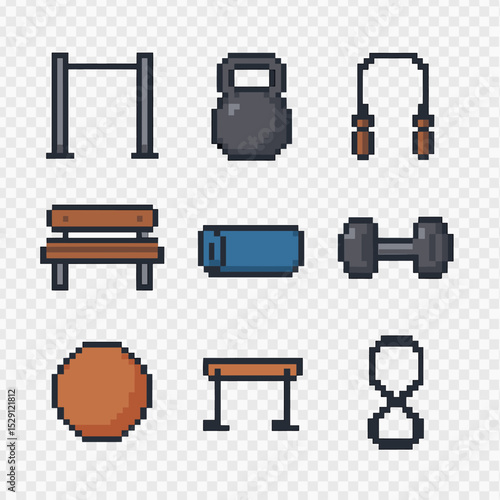 Outdoor Fitness Icons. Pixel art icon set of outdoor fitness: pull-up bar, kettlebell, skipping rope, park bench, yoga mat,