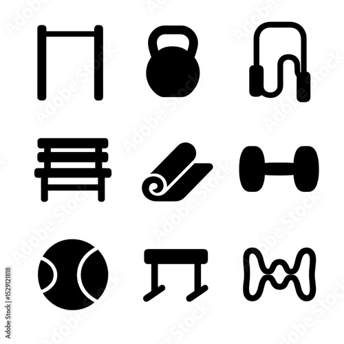 Outdoor Fitness Icons. Solid, Filled icon set of outdoor fitness: pull-up bar, kettlebell, skipping rope, park bench, yoga mat,