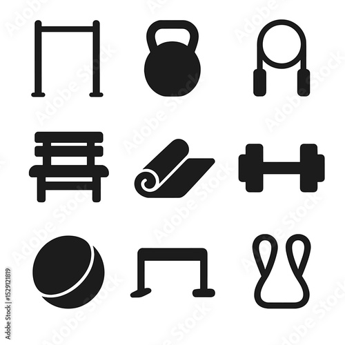 Outdoor Fitness Icons. Solid, Filled icon set of outdoor fitness: pull-up bar, kettlebell, skipping rope, park bench, yoga mat,