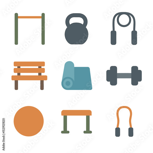 Outdoor Fitness Icons. Flat icon set of outdoor fitness: pull-up bar, kettlebell, skipping rope, park bench, yoga mat, dumbbell,
