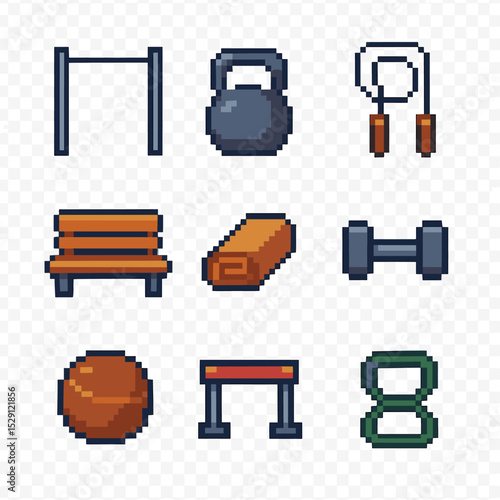 Outdoor Fitness Icons. Pixel art icon set of outdoor fitness: pull-up bar, kettlebell, skipping rope, park bench, yoga mat,