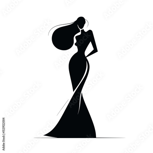 Elegant fashion silhouette of stylish woman, Chic black silhouette illustration of a fashionable woman in a flowing dress and wide-brim hat, exuding grace and glamour.

