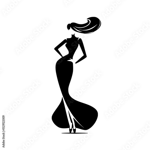 Elegant fashion silhouette of stylish woman, Chic black silhouette illustration of a fashionable woman in a flowing dress and wide-brim hat, exuding grace and glamour.

