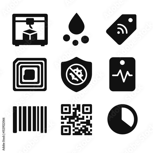 Packaging Tech Icons. Solid, Filled icon set of packaging innovation technologies: 3D printer, nanocoating drop, smart label, RFID