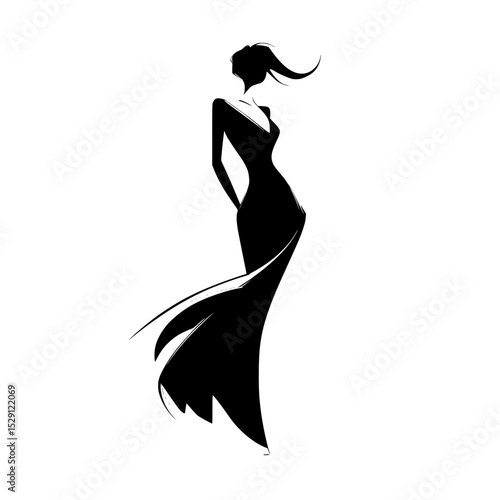 Elegant fashion silhouette of stylish woman, Chic black silhouette illustration of a fashionable woman in a flowing dress and wide-brim hat, exuding grace and glamour.

