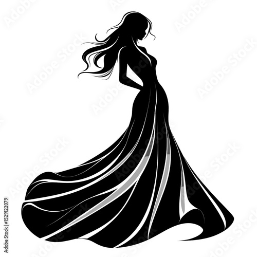 Elegant fashion silhouette of stylish woman, Chic black silhouette illustration of a fashionable woman in a flowing dress and wide-brim hat, exuding grace and glamour.

