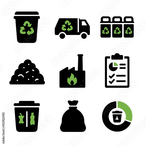 Packaging Waste Management Icons. Flat icon set of packaging waste management: waste bin, recycling truck, sorting station,