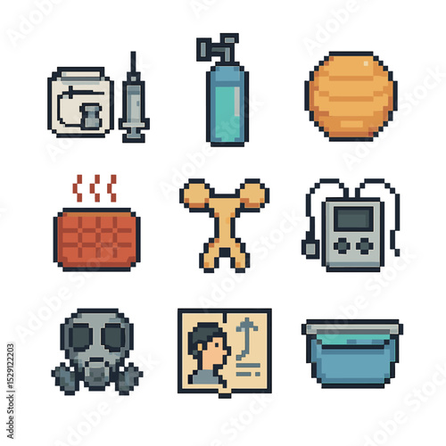 Pain Relief Icons. Pixel art icon set of pain relief methods: epidural kit, nitrous oxide canister, birthing ball, heat pack,