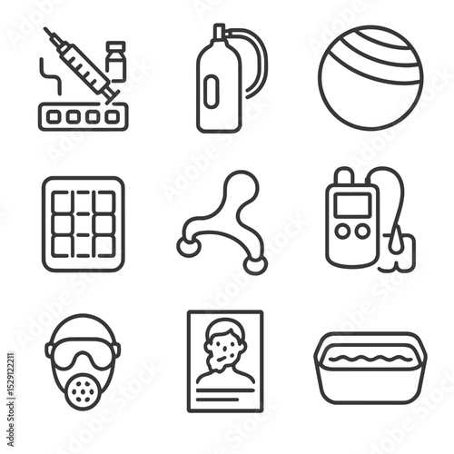 Pain Relief Icons. Outline icon set of pain relief methods: epidural kit, nitrous oxide canister, birthing ball, heat pack,