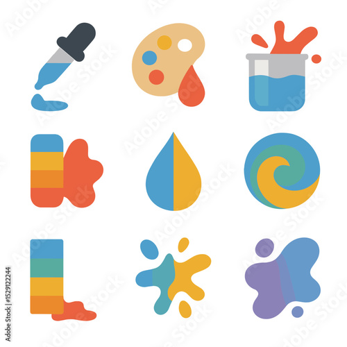 Paint Mixing Icons. Flat icon set of paint mixing spills: color dropper spot, mixing palette drip, beaker splash, stirring stick