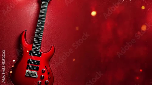 Red electric guitar stands out on a sparkling red background with vibrant glints of light, Red electric guitar on sparkling red background