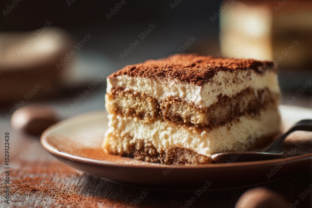 closeup shot ready to serve Tiramisu on wooden table soft natural light closeup shot ready to serve Tiramisu on wooden table soft natural light