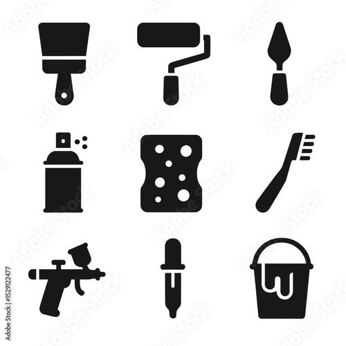 Painting Tools Icons. Solid, Filled icon set of painting tools: brush, roller, palette knife, spray can, sponge, toothbrush,