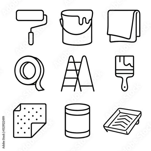 Painting Tools Icons. Outline icon set of painting and renovation: paint roller, paint bucket, drop cloth, painter’s tape, ladder,