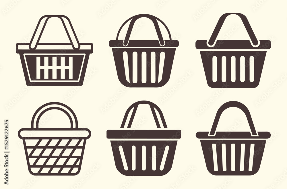 Shopping basket icon, set of vector shopping basket, gift basket silhouette Shopping basket icon, set of vector shopping basket, gift basket silhouette