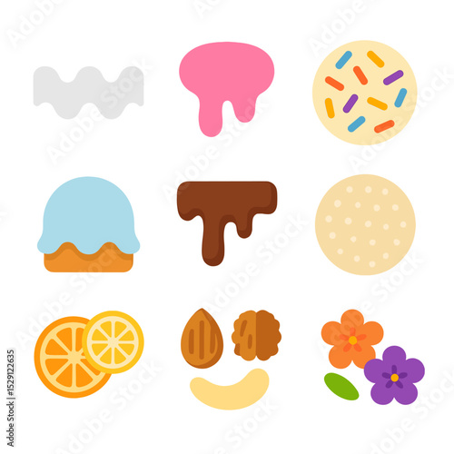 Pastry Decoration Icons. Flat icon set of pastry decorations: icing, glaze, sprinkles, fondant, chocolate drizzle, powdered sugar,