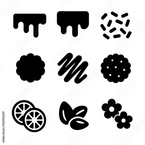 Pastry Decoration Icons. Solid, Filled icon set of pastry decorations: icing, glaze, sprinkles, fondant, chocolate drizzle,