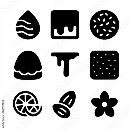 Pastry Decoration Icons. Solid, Filled icon set of pastry decorations: icing, glaze, sprinkles, fondant, chocolate drizzle,