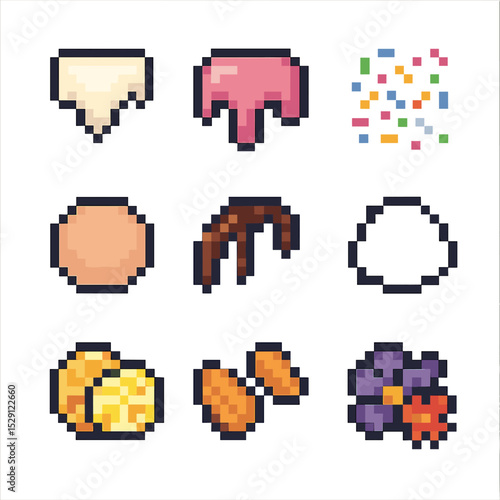 Pastry Decoration Icons. Pixel art icon set of pastry decorations: icing, glaze, sprinkles, fondant, chocolate drizzle, powdered
